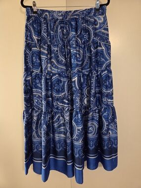 Ralph Lauren (L) Blue and White Paisley Tiered Maxi Skirt